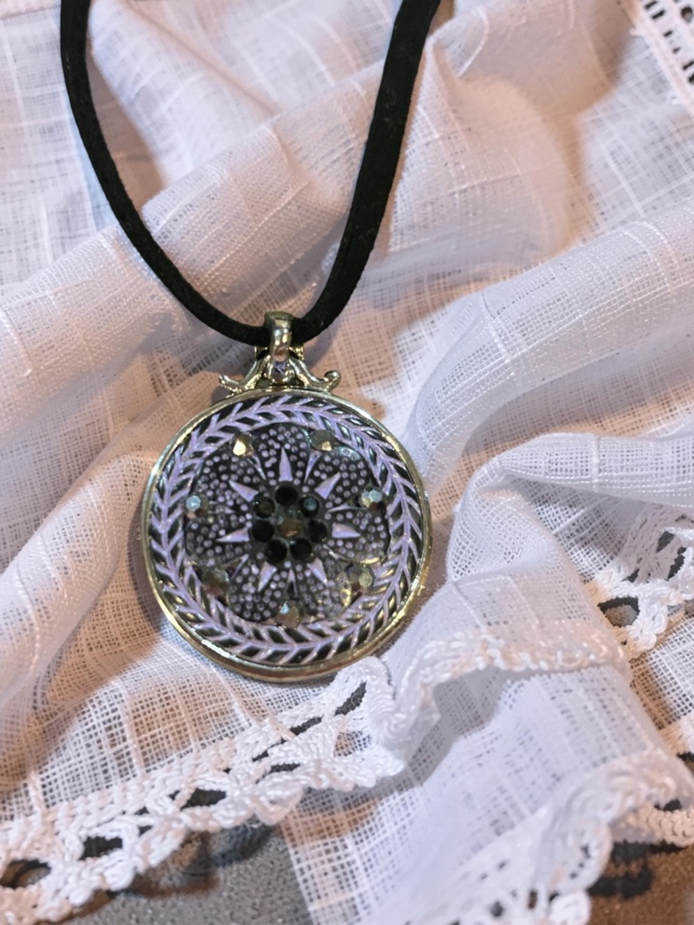 Lia Sophia Lavender Floral Medallion Necklace with Black Cord